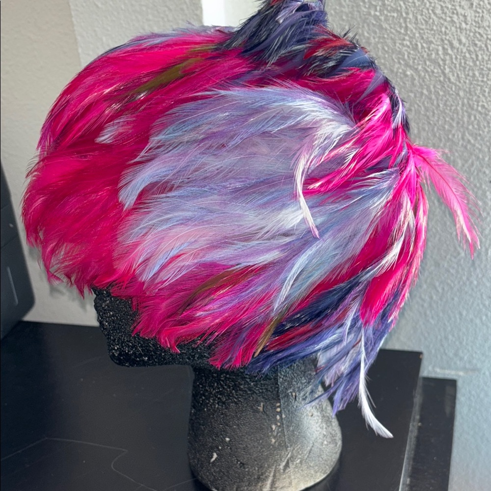 Vintage Christian Dior chapeaux feather hat wig 1960’s? Pink purple